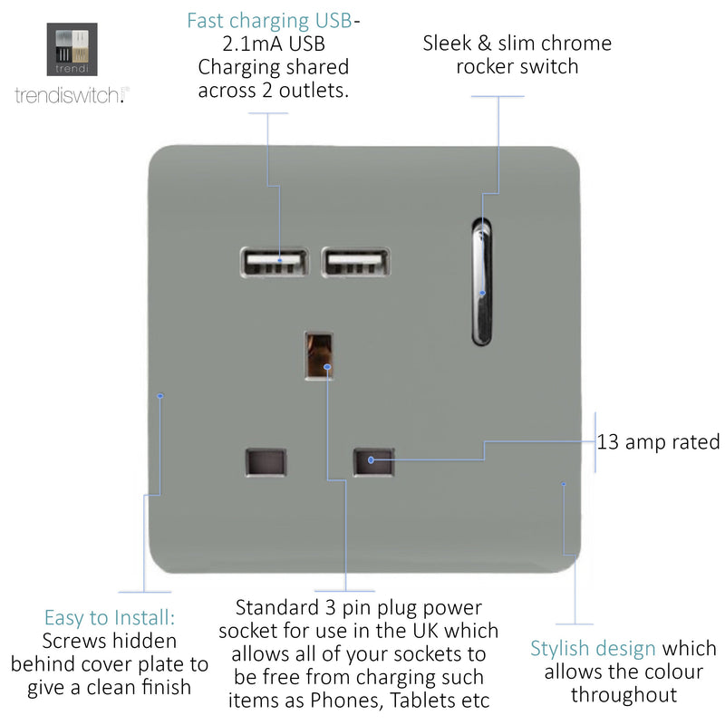 Trendi, Artistic Modern 1 Gang 13Amp Switched Socket WIth 2 x USB Ports Silver Finish, BRITISH MADE, (35mm Back Box Required), 5yrs Warranty • ART-SKT13USBSI