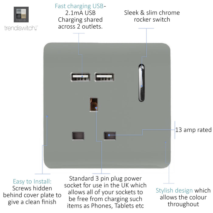 Trendi, Artistic Modern 1 Gang 13Amp Switched Socket WIth 2 x USB Ports Silver Finish, BRITISH MADE, (35mm Back Box Required), 5yrs Warranty • ART-SKT13USBSI