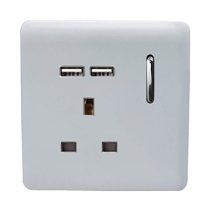 Trendi, Artistic Modern 1 Gang 13Amp Switched Socket WIth 2 x USB Ports Silver Finish, BRITISH MADE, (35mm Back Box Required), 5yrs Warranty • ART-SKT13USBSI