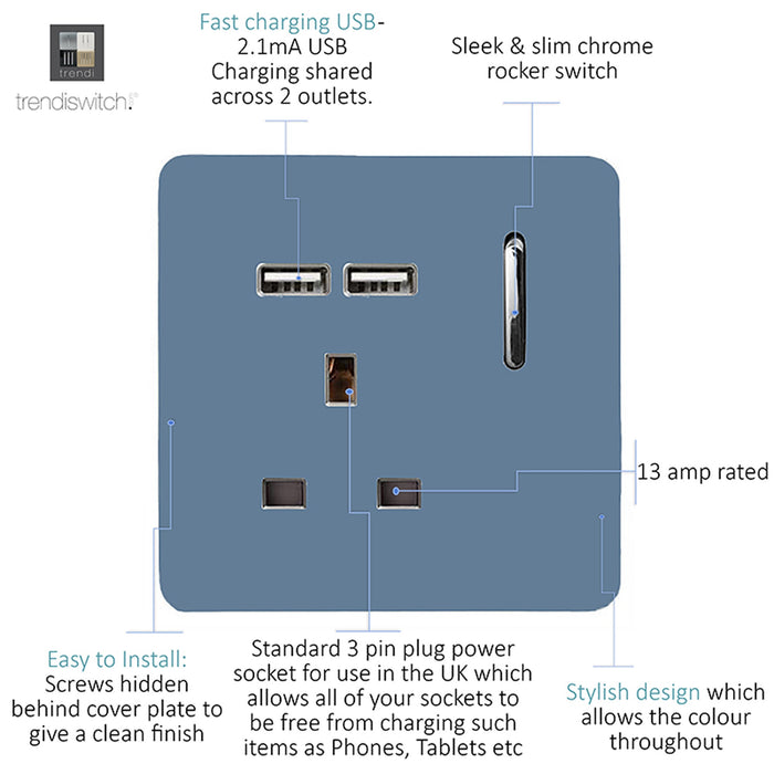 Trendi, Artistic Modern 1 Gang 13Amp Switched Socket WIth 2 x USB Ports Sky Finish, BRITISH MADE, (35mm Back Box Required), 5yrs Warranty • ART-SKT13USBSK