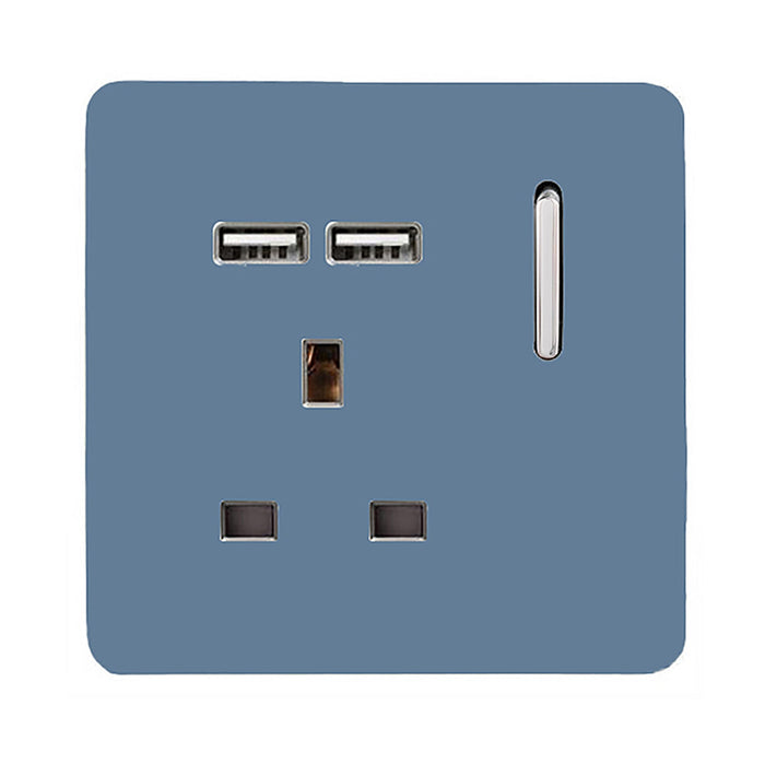 Trendi, Artistic Modern 1 Gang 13Amp Switched Socket WIth 2 x USB Ports Sky Finish, BRITISH MADE, (35mm Back Box Required), 5yrs Warranty • ART-SKT13USBSK