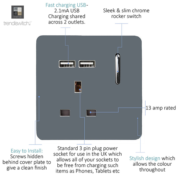 Trendi, Artistic Modern 1 Gang 13Amp Switched Socket WIth 2 x USB Ports Warm Grey Finish, BRITISH MADE, (35mm Back Box Required), 5yrs Warranty • ART-SKT13USBWG