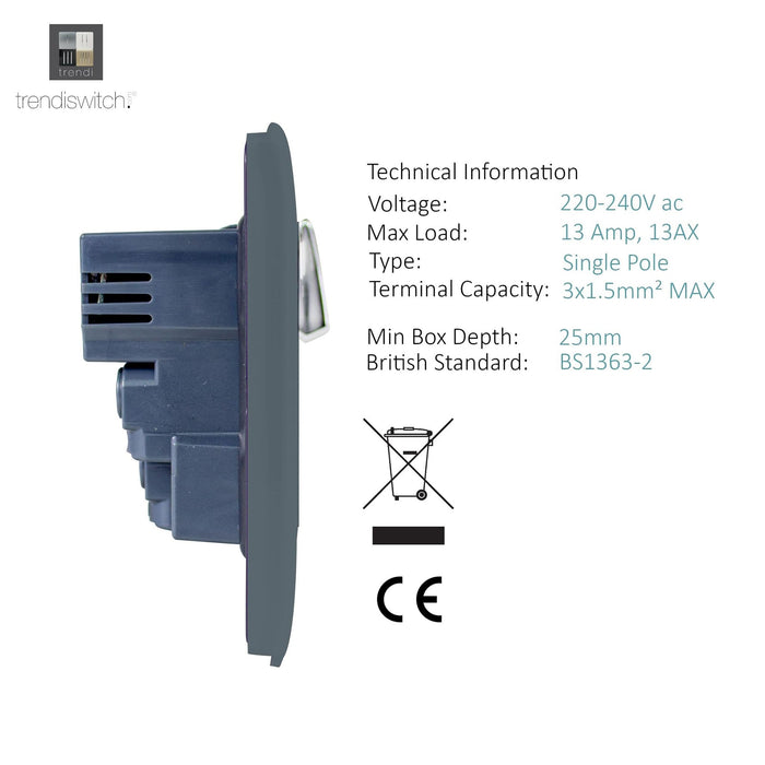 Trendi, Artistic Modern 1 Gang 13Amp Switched Socket WIth 2 x USB Ports Warm Grey Finish, BRITISH MADE, (35mm Back Box Required), 5yrs Warranty • ART-SKT13USBWG