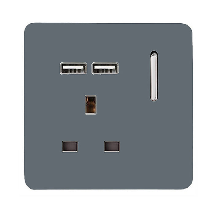 Trendi, Artistic Modern 1 Gang 13Amp Switched Socket WIth 2 x USB Ports Warm Grey Finish, BRITISH MADE, (35mm Back Box Required), 5yrs Warranty • ART-SKT13USBWG