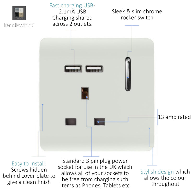 Trendi, Artistic Modern 1 Gang 13Amp Switched Socket WIth 2 x USB Ports Gloss White Finish, BRITISH MADE, (35mm Back Box Required), 5yrs Warranty • ART-SKT13USBWH