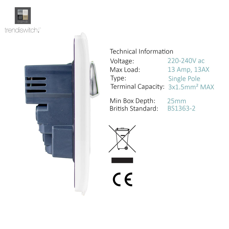 Trendi, Artistic Modern 1 Gang 13Amp Switched Socket WIth 2 x USB Ports Gloss White Finish, BRITISH MADE, (35mm Back Box Required), 5yrs Warranty • ART-SKT13USBWH
