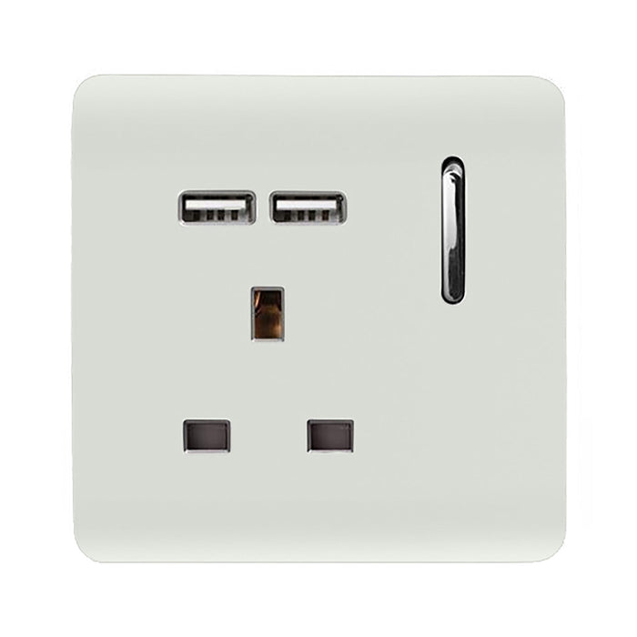 Trendi, Artistic Modern 1 Gang 13Amp Switched Socket WIth 2 x USB Ports Gloss White Finish, BRITISH MADE, (35mm Back Box Required), 5yrs Warranty • ART-SKT13USBWH