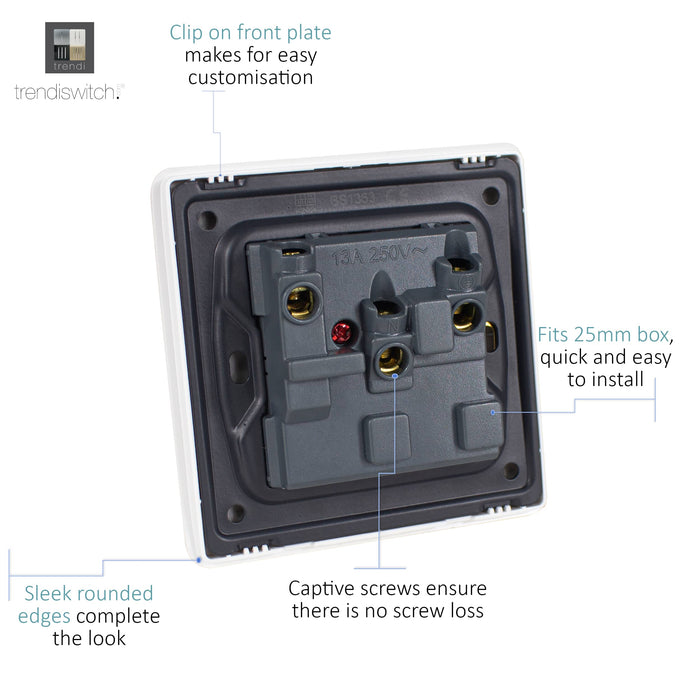 Trendi, Artistic Modern 1 Gang 13Amp Switched Socket Cool Grey Finish, BRITISH MADE, (25mm Back Box Required), 5yrs Warranty • ART-SKT13CG