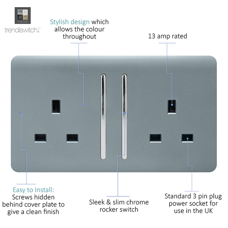Trendi, Artistic Modern 2 Gang 13Amp Long Switched Double Socket Cool Grey Finish, BRITISH MADE, (25mm Back Box Required), 5yrs Warranty • ART-SKT213LCG