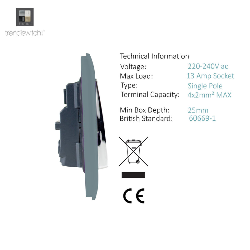 Trendi, Artistic Modern 2 Gang 13Amp Long Switched Double Socket Cool Grey Finish, BRITISH MADE, (25mm Back Box Required), 5yrs Warranty • ART-SKT213LCG