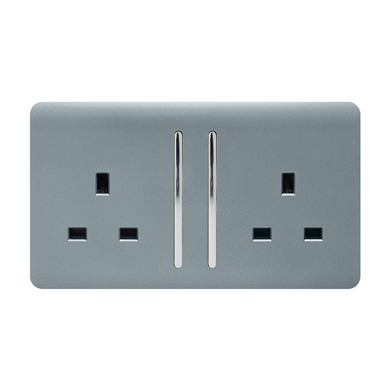 Trendi, Artistic Modern 2 Gang 13Amp Long Switched Double Socket Cool Grey Finish, BRITISH MADE, (25mm Back Box Required), 5yrs Warranty • ART-SKT213LCG