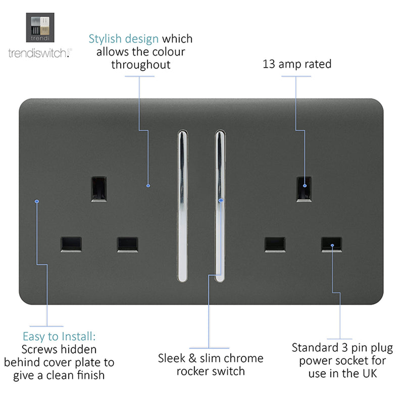Trendi, Artistic Modern 2 Gang 13Amp Long Switched Double Socket Chrome Rocker Charcoal Finish, BRITISH MADE, (25mm Back Box Required), 5yrs Warranty • ART-SKT213LCH