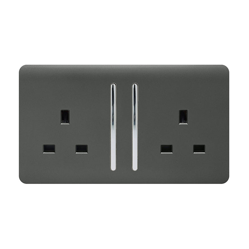 Trendi, Artistic Modern 2 Gang 13Amp Long Switched Double Socket Chrome Rocker Charcoal Finish, BRITISH MADE, (25mm Back Box Required), 5yrs Warranty • ART-SKT213LCH