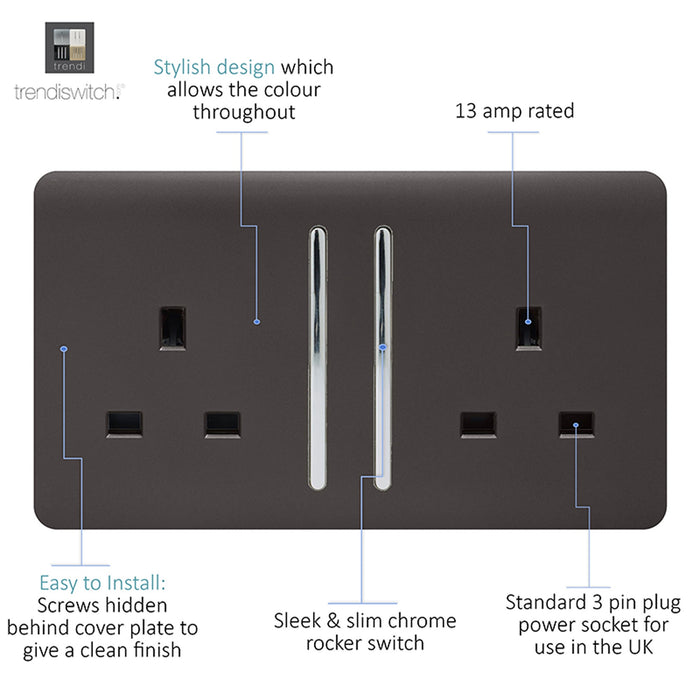 Trendi, Artistic Modern 2 Gang 13Amp Long Switched Double Socket Dark Brown Finish, BRITISH MADE, (25mm Back Box Required), 5yrs Warranty • ART-SKT213LDB