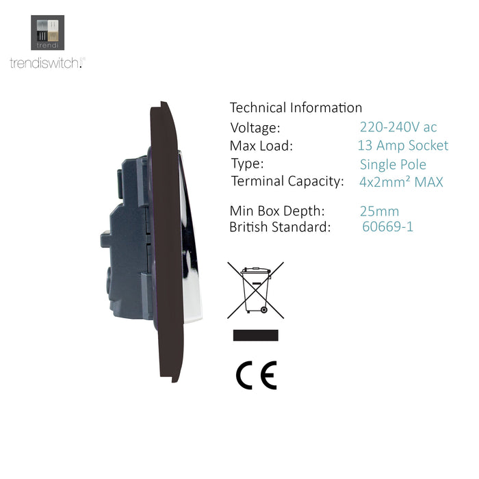 Trendi, Artistic Modern 2 Gang 13Amp Long Switched Double Socket Dark Brown Finish, BRITISH MADE, (25mm Back Box Required), 5yrs Warranty • ART-SKT213LDB