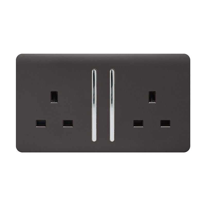 Trendi, Artistic Modern 2 Gang 13Amp Long Switched Double Socket Dark Brown Finish, BRITISH MADE, (25mm Back Box Required), 5yrs Warranty • ART-SKT213LDB