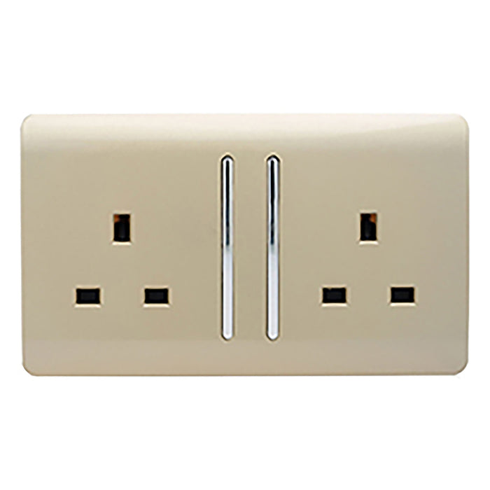 Trendi, Artistic Modern 2 Gang 13Amp Long Switched Double Socket Champagne Gold Finish, BRITISH MADE, (25mm Back Box Required), 5yrs Warranty • ART-SKT213LGO