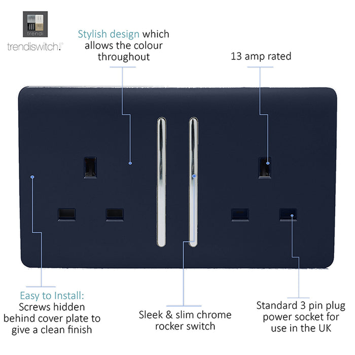 Trendi, Artistic Modern 2 Gang 13Amp Long Switched Double Socket Navy Blue Finish, BRITISH MADE, (25mm Back Box Required), 5yrs Warranty • ART-SKT213LNV