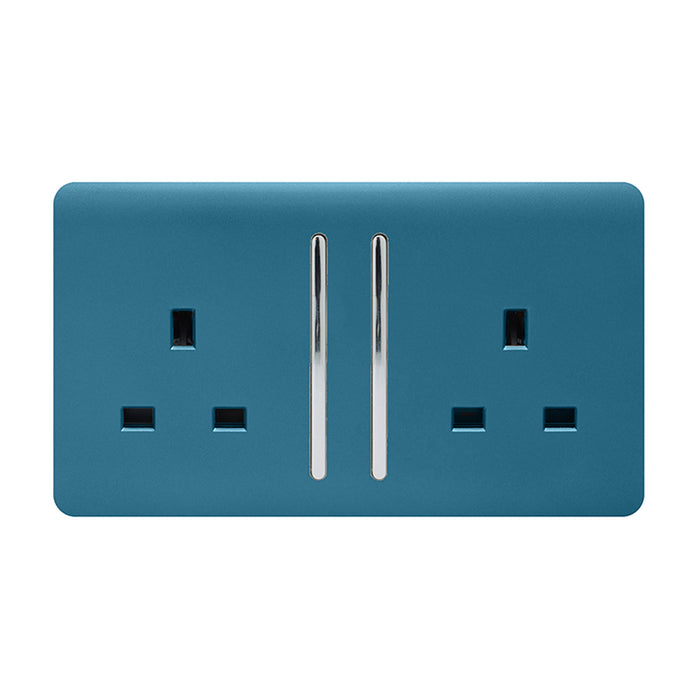 Trendi, Artistic Modern 2 Gang 13Amp Long Switched Double Socket Ocean Blue Finish, BRITISH MADE, (25mm Back Box Required), 5yrs Warranty • ART-SKT213LOB