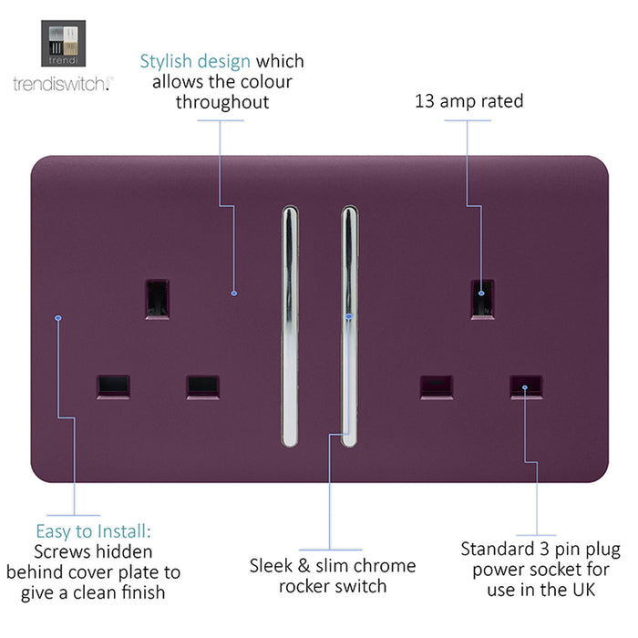 Trendi, Artistic Modern 2 Gang 13Amp Long Switched Double Socket Plum Finish, BRITISH MADE, (25mm Back Box Required), 5yrs Warranty • ART-SKT213LPL