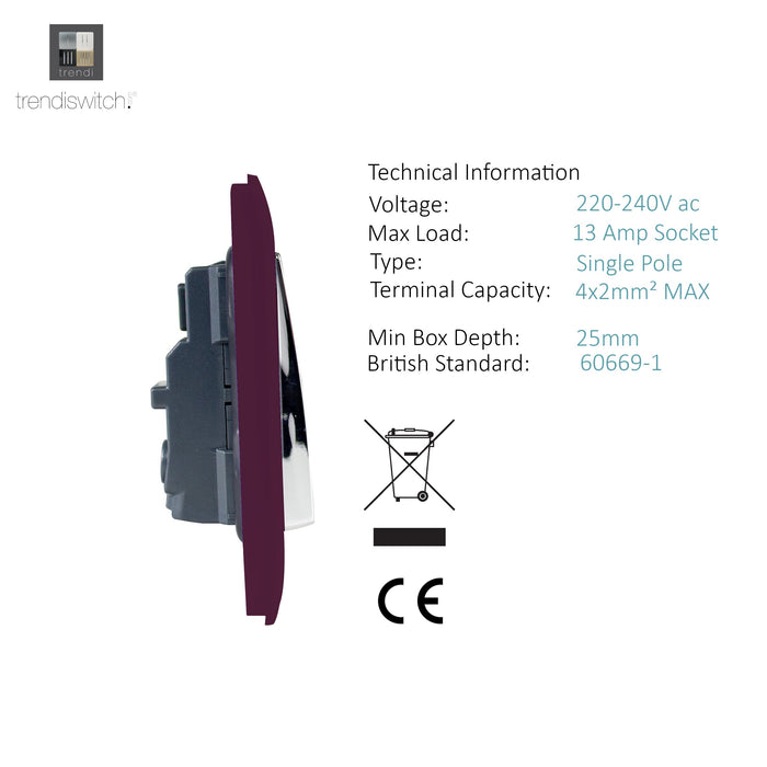 Trendi, Artistic Modern 2 Gang 13Amp Long Switched Double Socket Plum Finish, BRITISH MADE, (25mm Back Box Required), 5yrs Warranty • ART-SKT213LPL