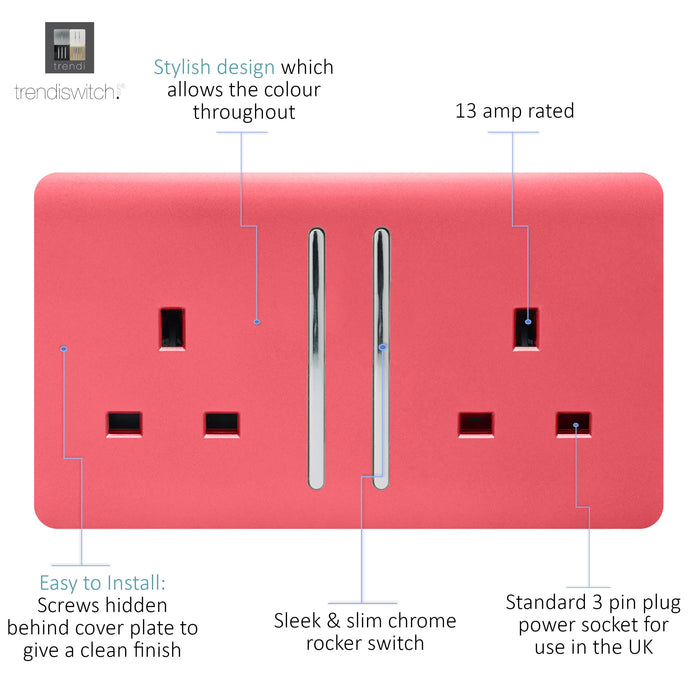 Trendi, Artistic Modern 2 Gang 13Amp Long Switched Double Socket Strawberry Finish, BRITISH MADE, (25mm Back Box Required), 5yrs Warranty • ART-SKT213LSB