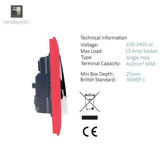 Trendi, Artistic Modern 2 Gang 13Amp Long Switched Double Socket Strawberry Finish, BRITISH MADE, (25mm Back Box Required), 5yrs Warranty • ART-SKT213LSB