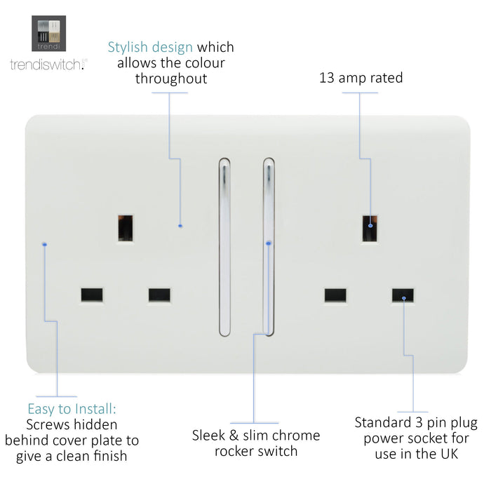 Trendi, Artistic Modern 2 Gang 13Amp Long Switched Double Socket Gloss White Finish, BRITISH MADE, (25mm Back Box Required), 5yrs Warranty • ART-SKT213LWH