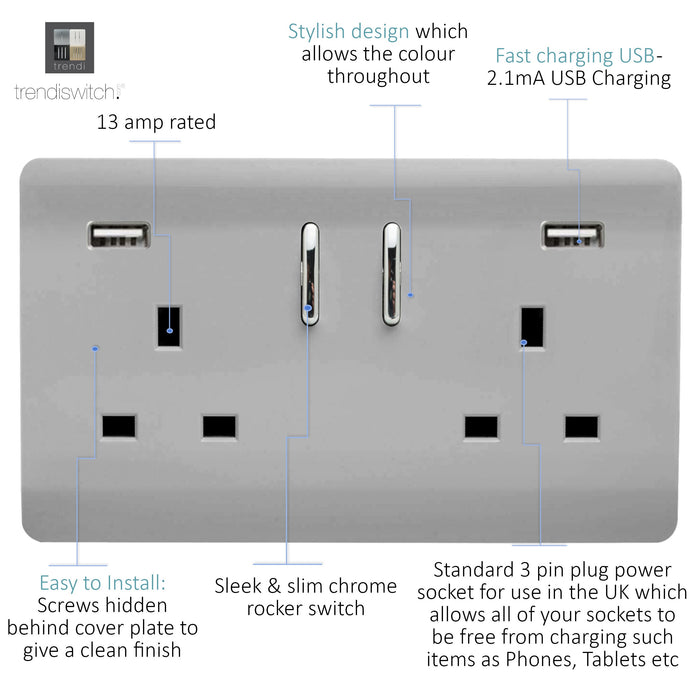 Trendi, Artistic 2 Gang 13Amp Short S/W Double Socket With 2x2.1Mah USB Brushed Steel Finish, BRITISH MADE, (35mm Back Box Required), 5yrs Warranty • ART-SKT213USB21AABS