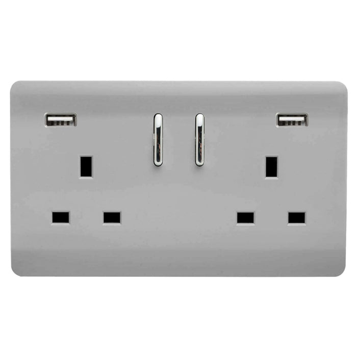 Trendi, Artistic 2 Gang 13Amp Short S/W Double Socket With 2x2.1Mah USB Brushed Steel Finish, BRITISH MADE, (35mm Back Box Required), 5yrs Warranty • ART-SKT213USB21AABS