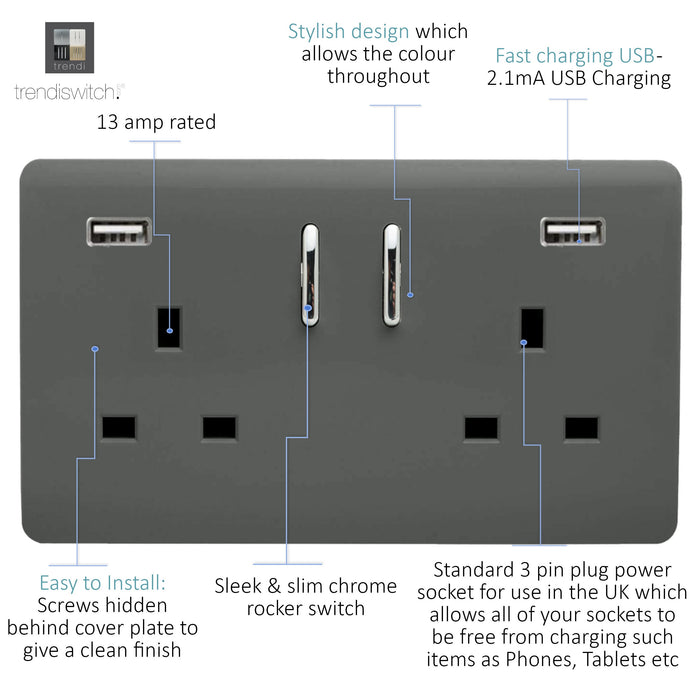 Trendi, Artistic 2 Gang 13Amp Short S/W Double Socket With 2x2.1Mah USB Charcoal Finish, BRITISH MADE, (35mm Back Box Required), 5yrs Warranty • ART-SKT213USB21AACH