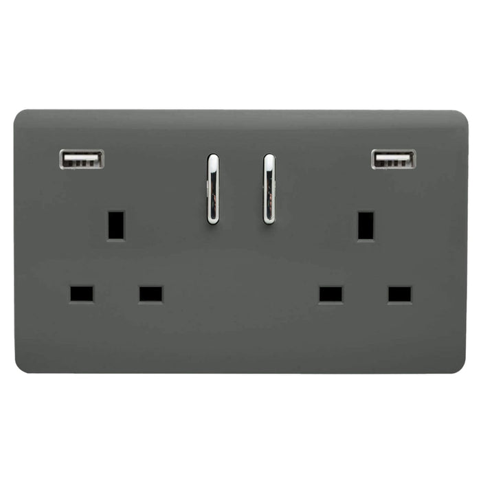 Trendi, Artistic 2 Gang 13Amp Short S/W Double Socket With 2x2.1Mah USB Charcoal Finish, BRITISH MADE, (35mm Back Box Required), 5yrs Warranty • ART-SKT213USB21AACH