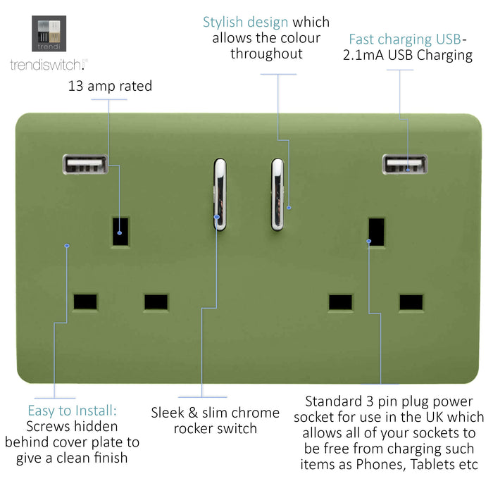 Trendi, Artistic 2 Gang 13Amp Short S/W Double Socket With 2x2.1Mah USB Moss Green Finish, BRITISH MADE, (35mm Back Box Required), 5yrs Warranty • ART-SKT213USB21AAMG