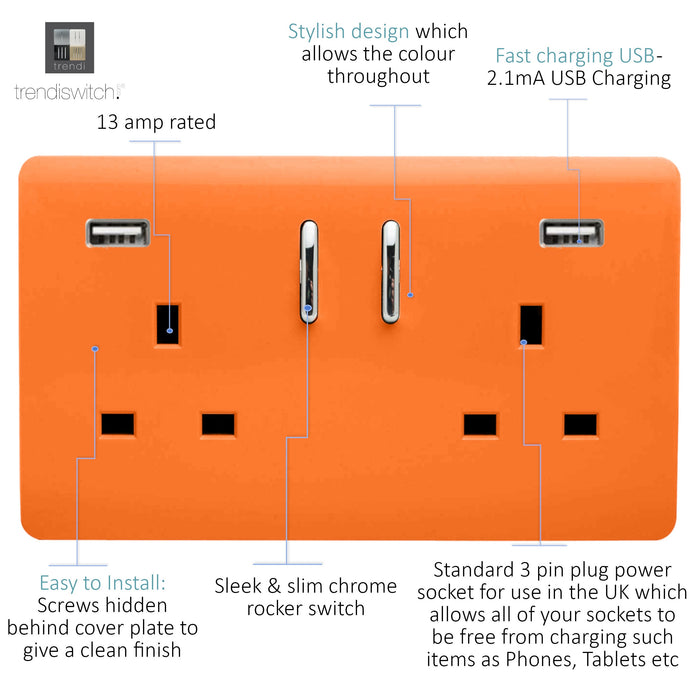 Trendi, Artistic 2 Gang 13Amp Short S/W Double Socket With 2x2.1Mah USB Orange Finish, BRITISH MADE, (35mm Back Box Required), 5yrs Warranty • ART-SKT213USB21AAOR