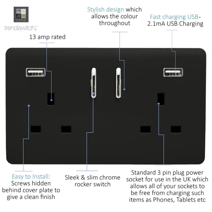 Trendi, Artistic Modern 2 Gang USB 2x3.1mAH Plug Socket Piano Black Finish, BRITISH MADE, (35mm Back Box Required), 5yrs Warranty • ART-SKT213USB31AABK