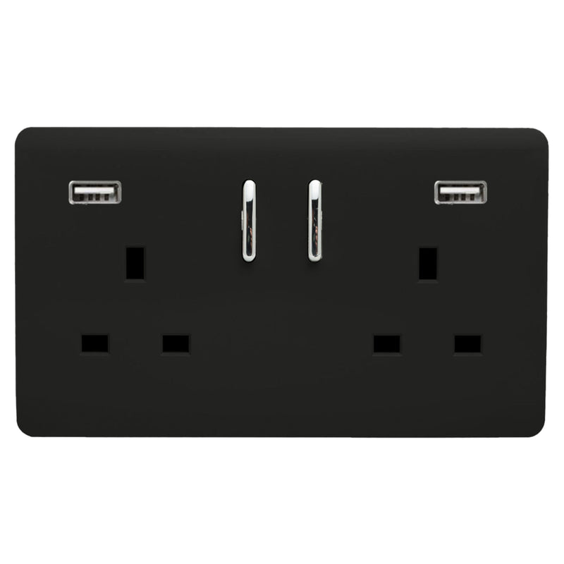 Trendi, Artistic Modern 2 Gang USB 2x3.1mAH Plug Socket Piano Black Finish, BRITISH MADE, (35mm Back Box Required), 5yrs Warranty • ART-SKT213USB31AABK