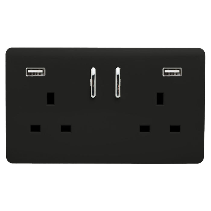 Trendi, Artistic Modern 2 Gang USB 2x3.1mAH Plug Socket Piano Black Finish, BRITISH MADE, (35mm Back Box Required), 5yrs Warranty • ART-SKT213USB31AABK