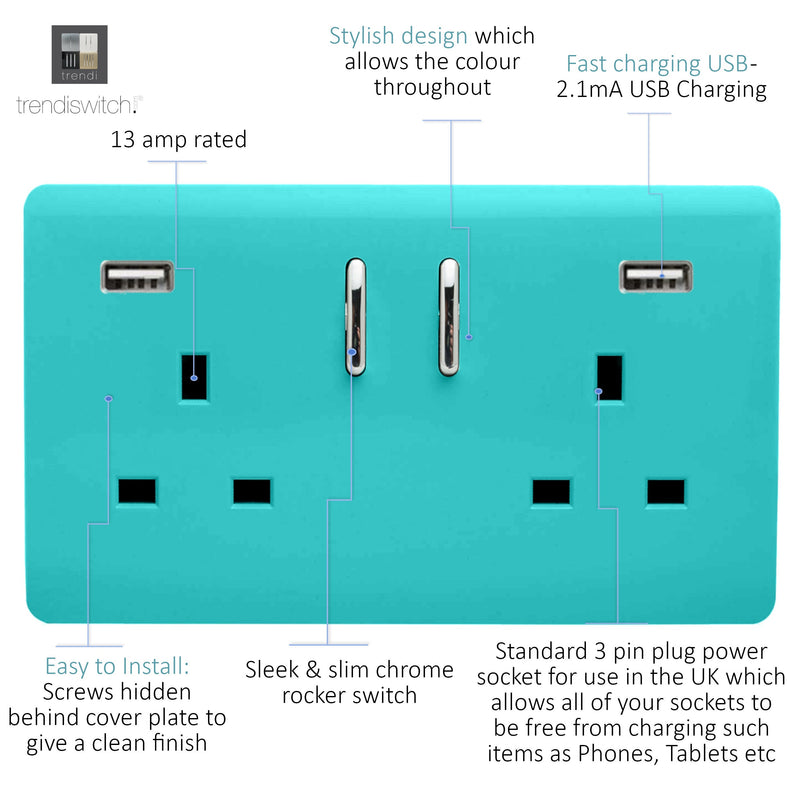 Trendi, Artistic Modern 2 Gang USB 2x3.1mAH Plug Socket Bright Teal Finish, BRITISH MADE, (35mm Back Box Required), 5yrs Warranty • ART-SKT213USB31AABT