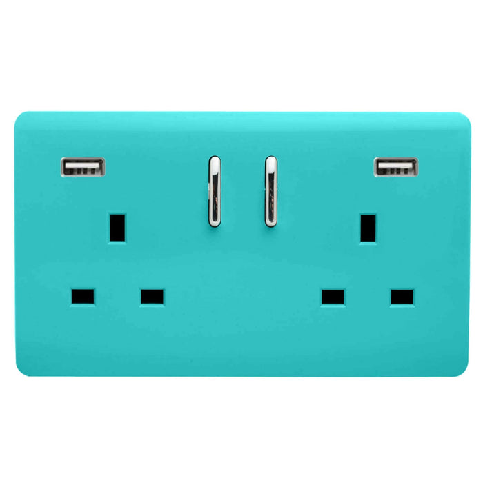 Trendi, Artistic Modern 2 Gang USB 2x3.1mAH Plug Socket Bright Teal Finish, BRITISH MADE, (35mm Back Box Required), 5yrs Warranty • ART-SKT213USB31AABT