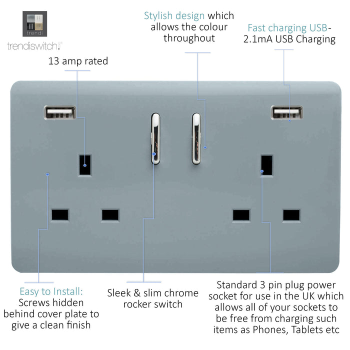 Trendi, Artistic Modern 2 Gang USB 2x3.1mAH Plug Socket Cool Grey Finish, BRITISH MADE, (35mm Back Box Required), 5yrs Warranty • ART-SKT213USB31AACG