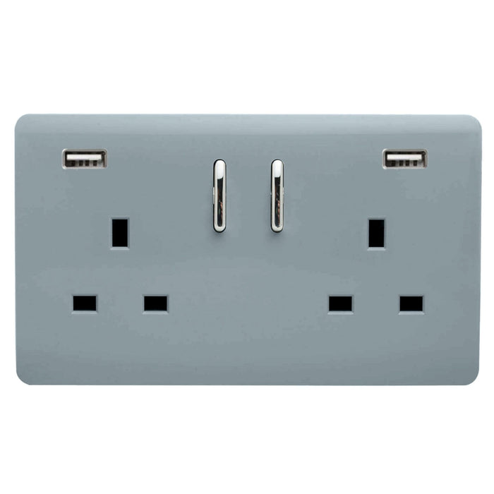 Trendi, Artistic Modern 2 Gang USB 2x3.1mAH Plug Socket Cool Grey Finish, BRITISH MADE, (35mm Back Box Required), 5yrs Warranty • ART-SKT213USB31AACG