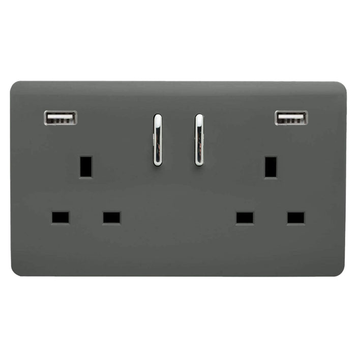 Trendi, Artistic Modern 2 Gang USB 2x3.1mAH Plug Socket Charcoal Finish, BRITISH MADE, (35mm Back Box Required), 5yrs Warranty • ART-SKT213USB31AACH