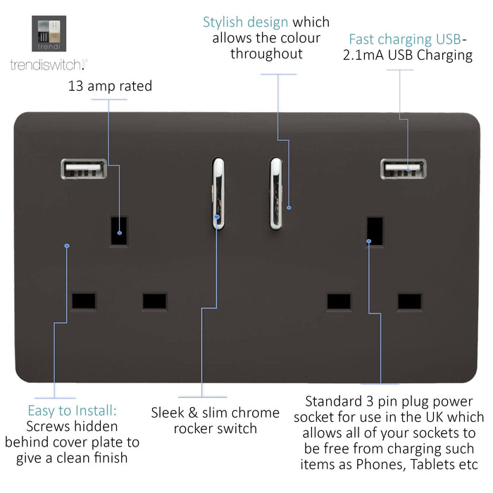 Trendi, Artistic Modern 2 Gang USB 2x3.1mAH Plug Socket Dark Brown Finish, BRITISH MADE, (35mm Back Box Required), 5yrs Warranty • ART-SKT213USB31AADB