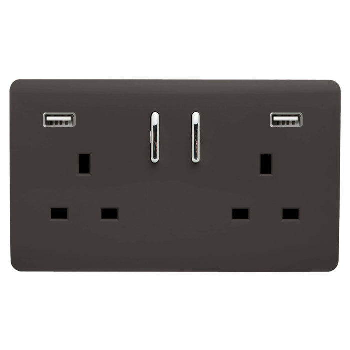 Trendi, Artistic Modern 2 Gang USB 2x3.1mAH Plug Socket Dark Brown Finish, BRITISH MADE, (35mm Back Box Required), 5yrs Warranty • ART-SKT213USB31AADB