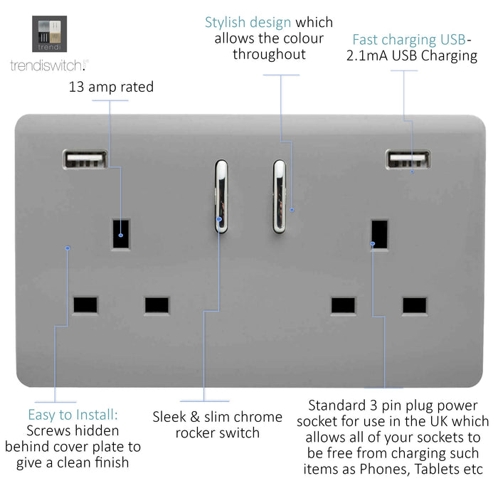 Trendi, Artistic Modern 2 Gang USB 2x3.1mAH Plug Socket Light Grey Finish, BRITISH MADE, (35mm Back Box Required), 5yrs Warranty • ART-SKT213USB31AALG