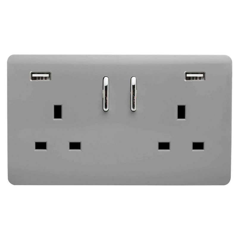 Trendi, Artistic Modern 2 Gang USB 2x3.1mAH Plug Socket Light Grey Finish, BRITISH MADE, (35mm Back Box Required), 5yrs Warranty • ART-SKT213USB31AALG