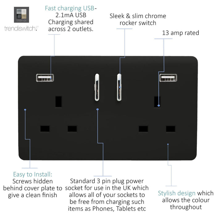 Trendi, Artistic Modern 2 Gang USB 2x3.1mAH Plug Socket Matt Black Finish, BRITISH MADE, (35mm Back Box Required), 5yrs Warranty • ART-SKT213USB31AAMBK