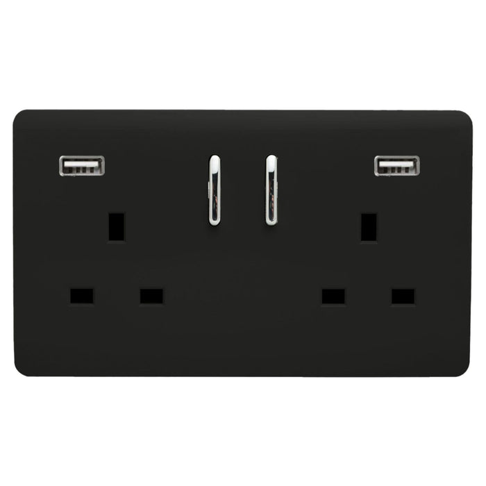 Trendi, Artistic Modern 2 Gang USB 2x3.1mAH Plug Socket Matt Black Finish, BRITISH MADE, (35mm Back Box Required), 5yrs Warranty • ART-SKT213USB31AAMBK