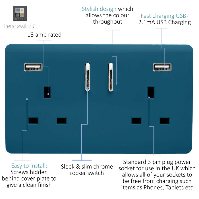 Trendi, Artistic Modern 2 Gang USB 2x3.1mAH Plug Socket Midnight Blue Finish, BRITISH MADE, (35mm Back Box Required), 5yrs Warranty • ART-SKT213USB31AAMD