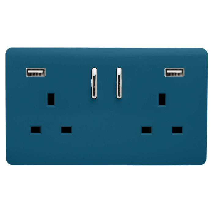 Trendi, Artistic Modern 2 Gang USB 2x3.1mAH Plug Socket Midnight Blue Finish, BRITISH MADE, (35mm Back Box Required), 5yrs Warranty • ART-SKT213USB31AAMD